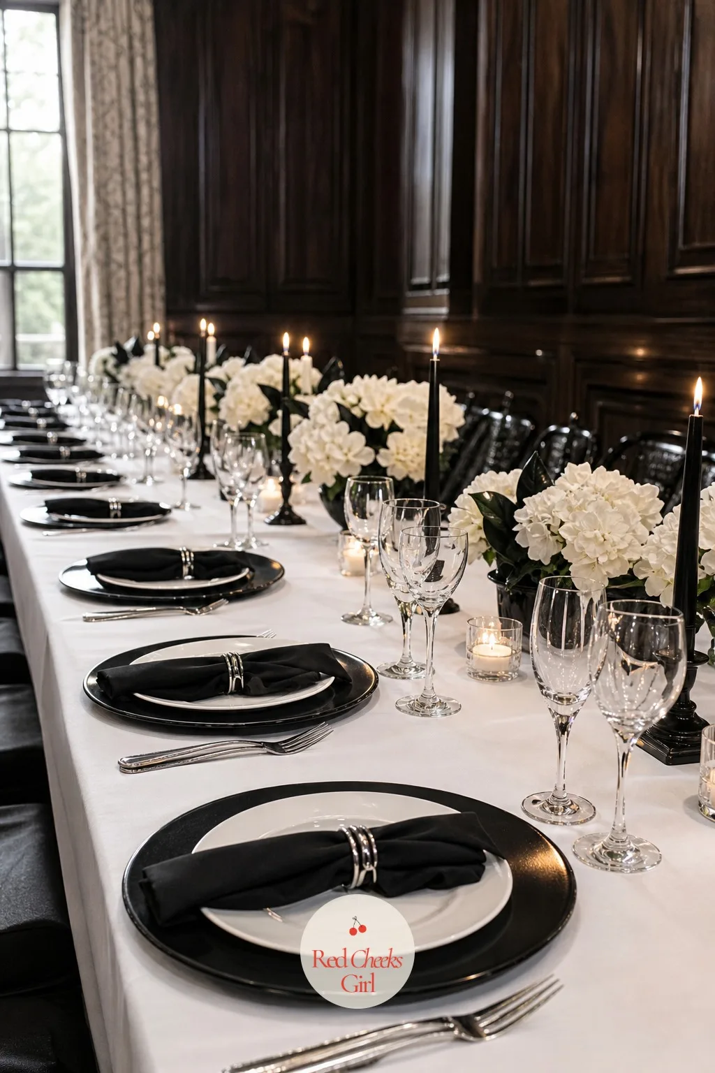 Black Chargers on White Tablecloths — A white cloth on its own reads as a blank page until something grounds each place setting. Black and white wedding decor