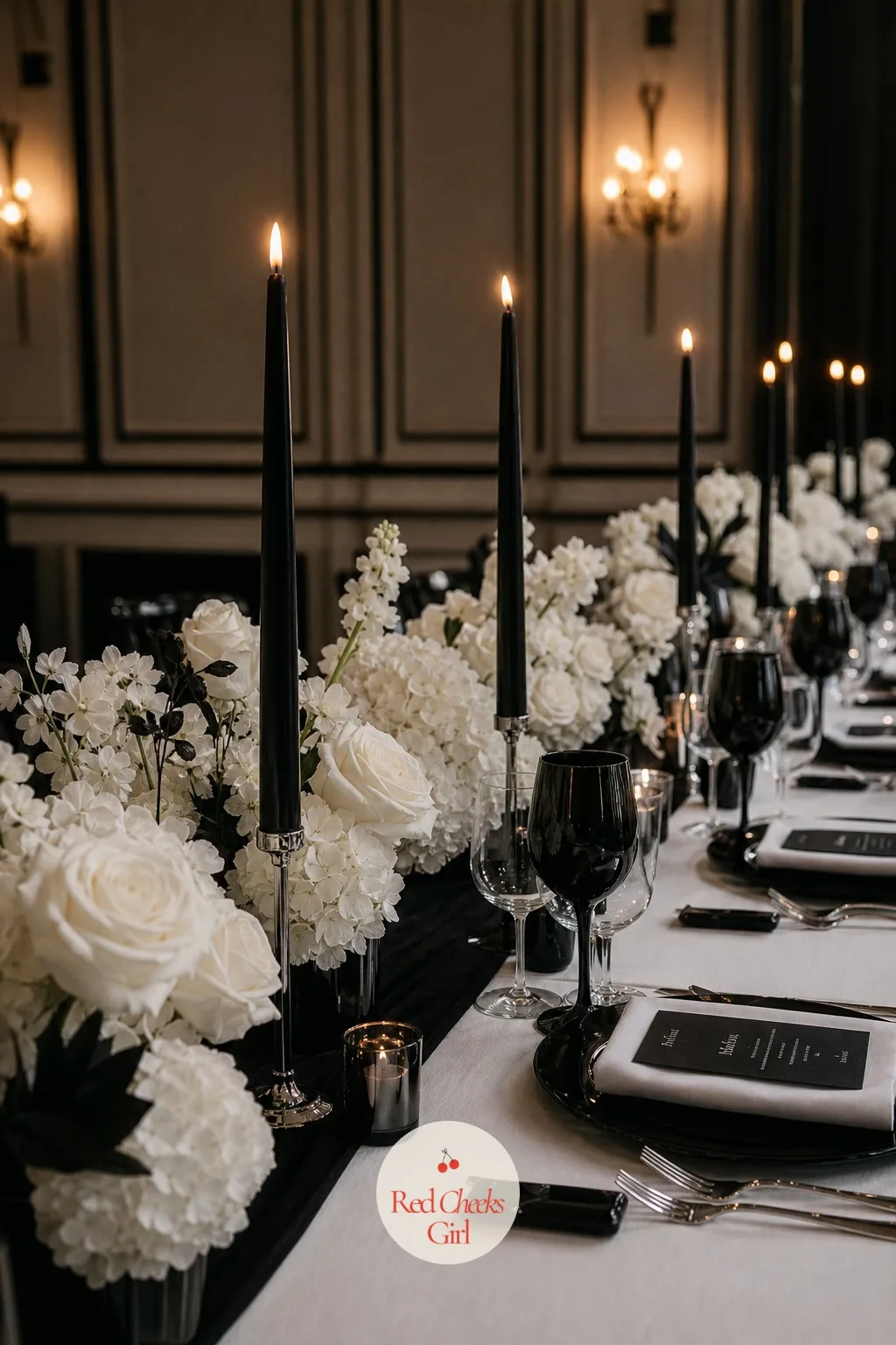Black Taper Candles — A table full of white florals can look a little bridal shower rather than wedding until something dark cuts through it. Black and white