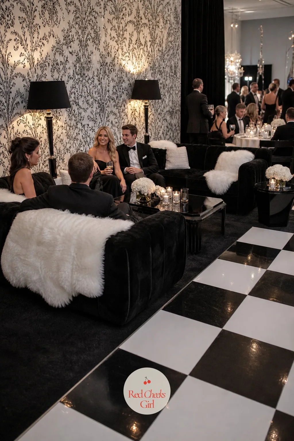 Black Velvet Lounge with White Faux Fur Throws — Standing room only near the dance floor wears guests out faster than the dancing does. Black and white wedding