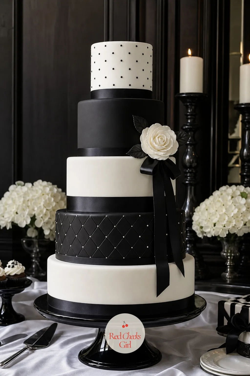 Black and White Cake — A plain white tiered cake is the safest choice at every wedding, which is exactly why it disappears into the memory of every other