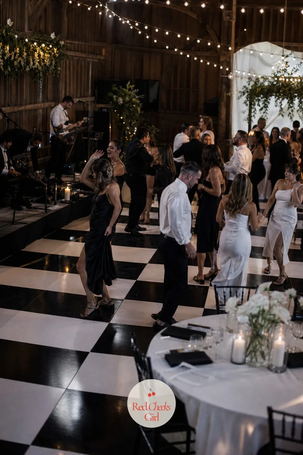 Black and White Checkered Dance Floor — A plain wood or plastic dance floor does its job but never shows up in a single photograph taken from above. Black and
