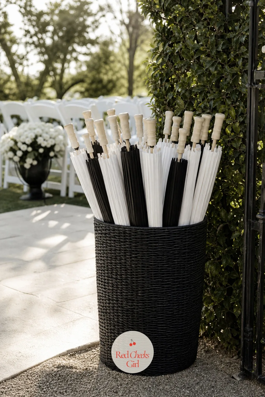 Black and White Paper Parasols for the Send-Off — Sparklers need a clear night and someone willing to light forty of them at once. Black and white wedding decor