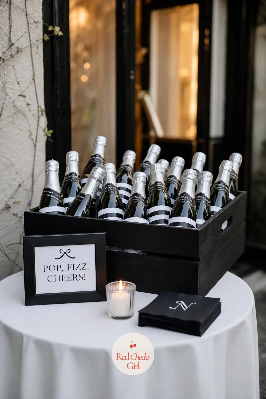 Mini Champagne Bottles with Monochrome Labels — A generic favour table of mixed trinkets tells guests nothing about the day they just attended. Black and white