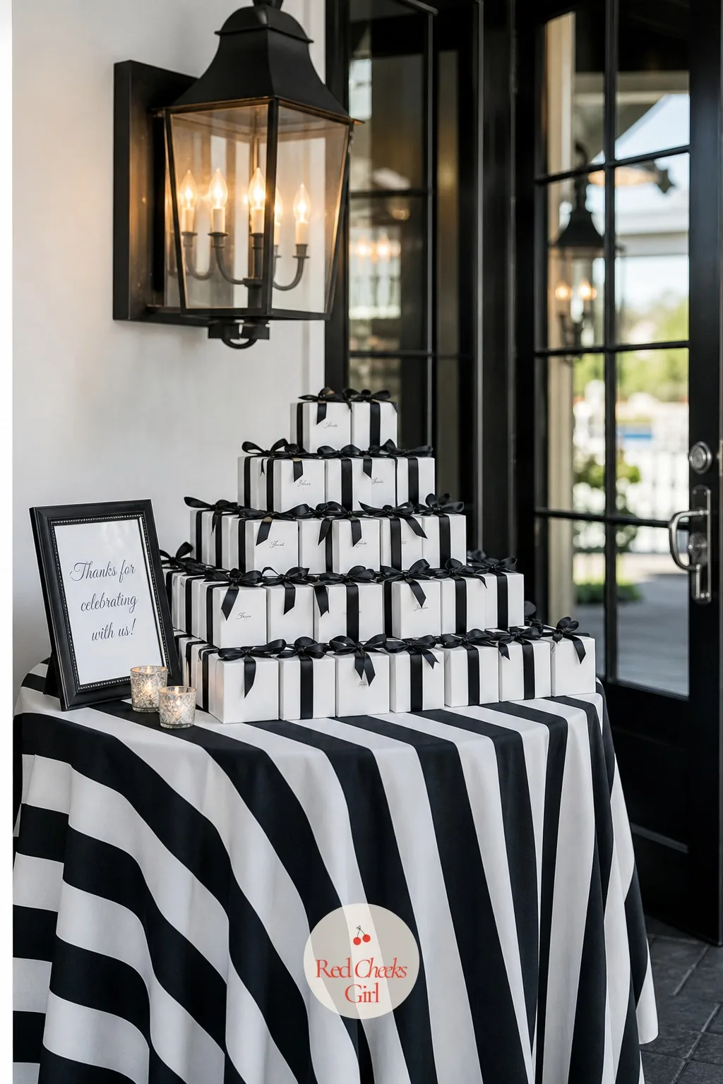 Monochrome Favor Box Table — A single stack of identical boxes at the door gets picked over fast and looks picked over by the time half the guests have left.