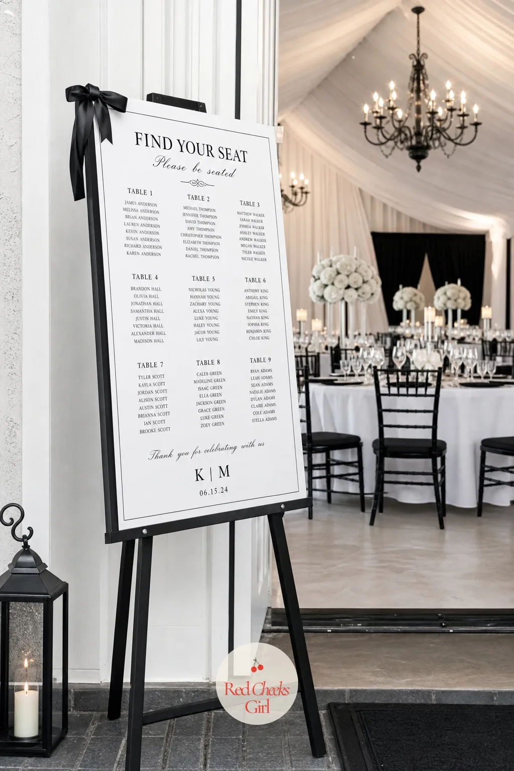 Monochrome Seating Chart — A seating chart crammed with small type in a dozen fonts is the first thing guests squint at on arrival, and it sets the tone before