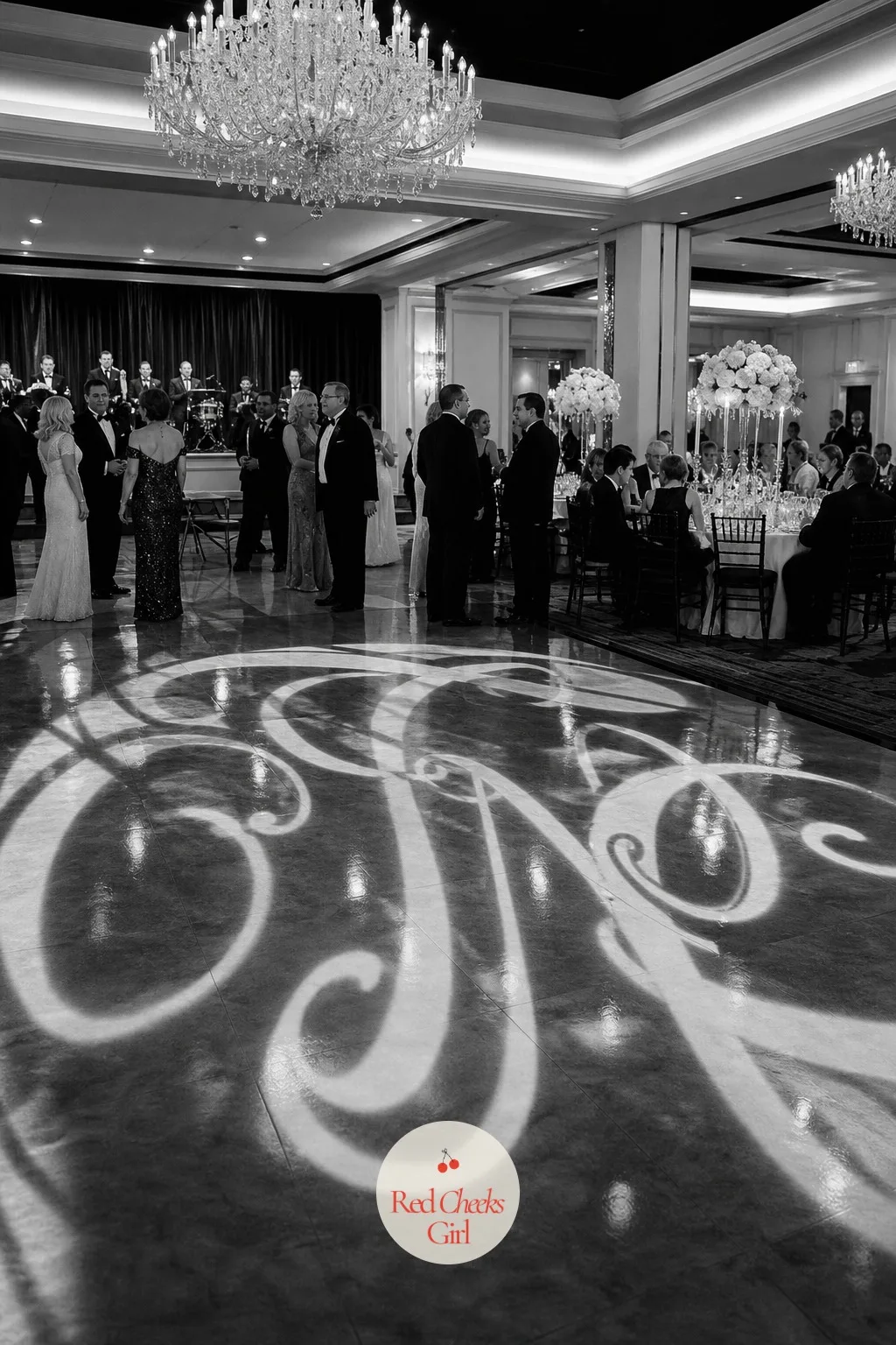 Monogram Gobo Light Projection in Black and White — An empty dance floor before the first dance looks unfinished no matter how good the rest of the room looks.
