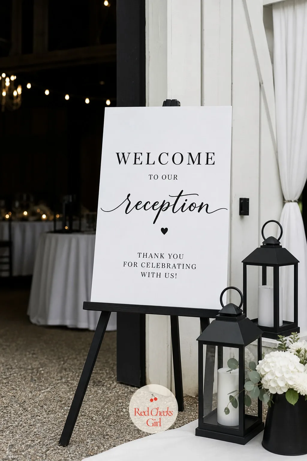 Reception Welcome Sign in Black and White — Guests arriving at an unfamiliar venue want one clear signal that they are in the right place. Black and white