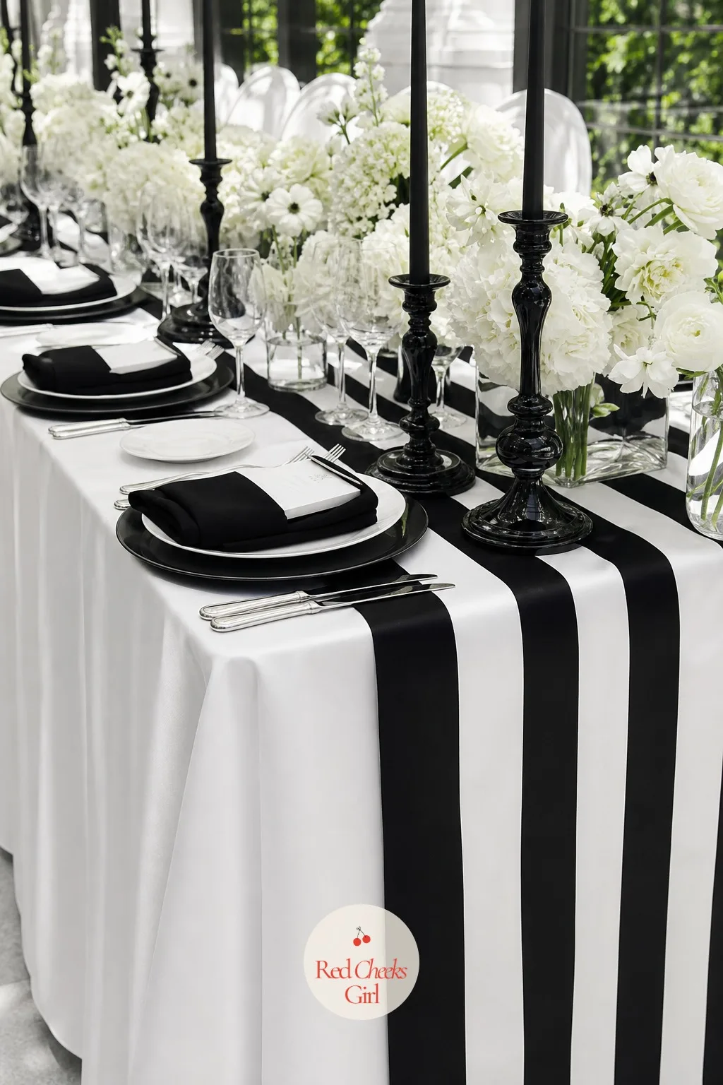 Striped Table Runner in Black and White — A solid white cloth with nothing else on it photographs as unfinished once the florals come off at the end of the