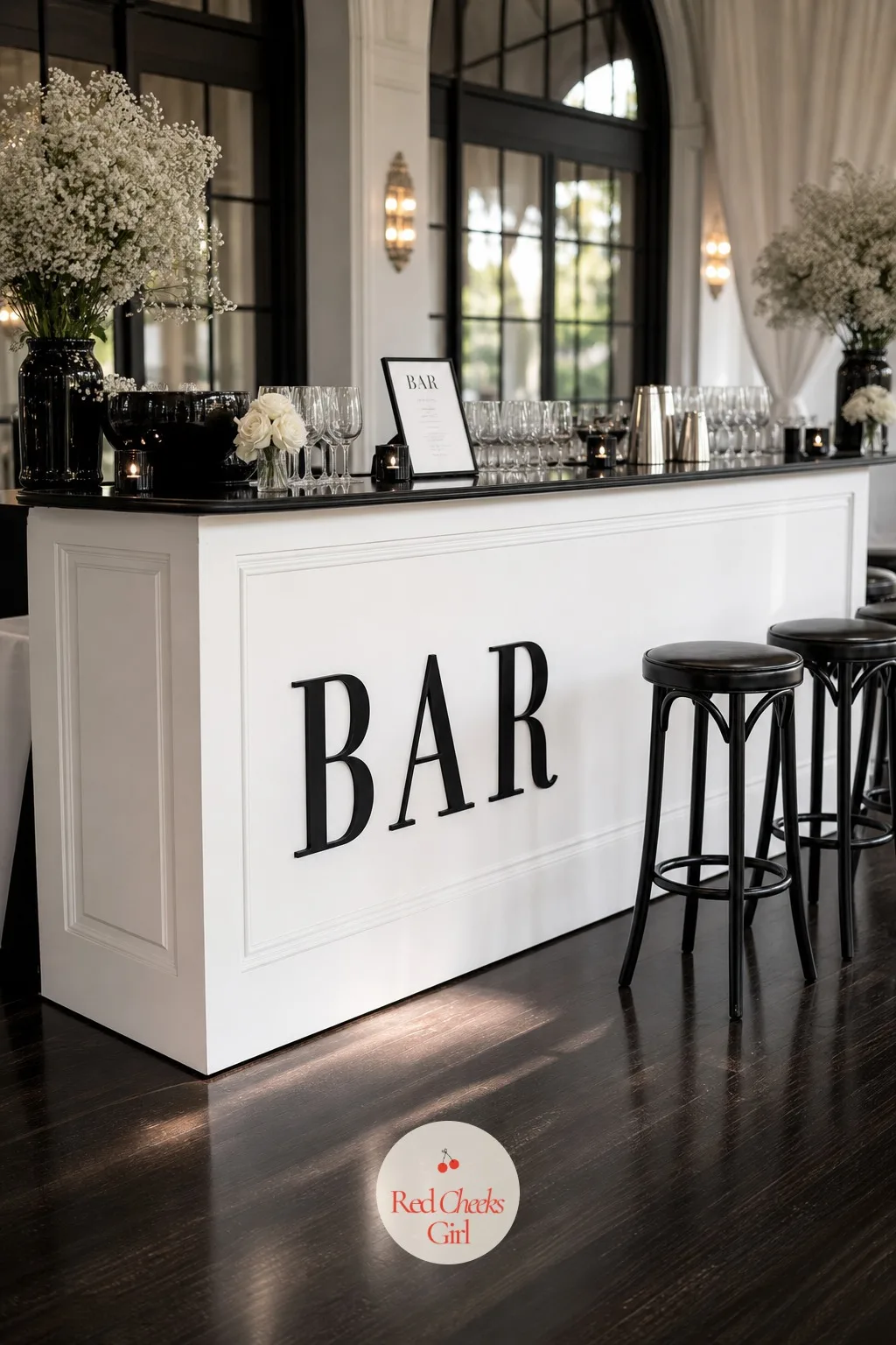 White Bar with Black Lettering — A plain rented bar unit looks exactly like a plain rented bar unit until something is added to the front panel. Black and