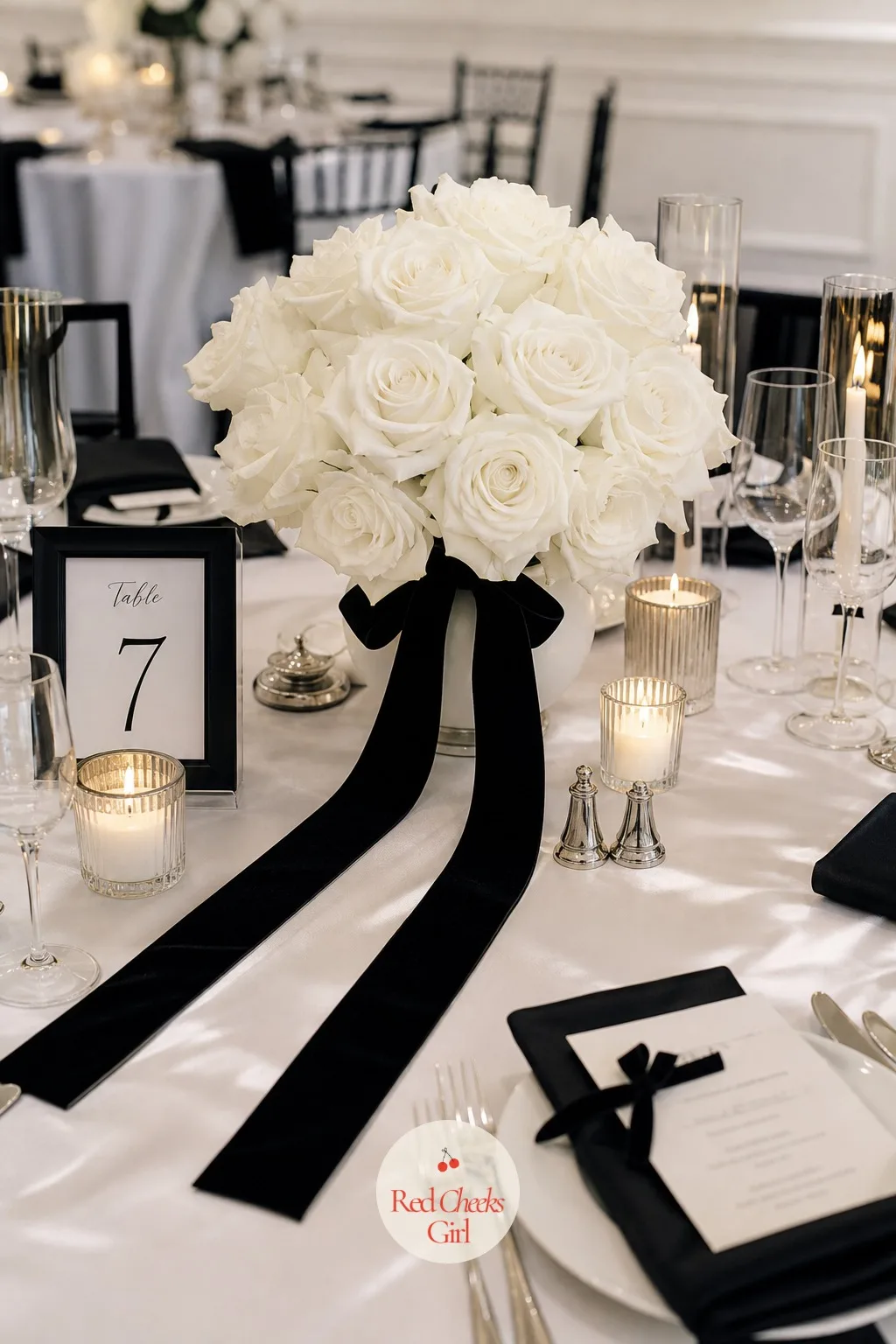 White Florals with Black Velvet Ribbon — A simple white arrangement, roses or ranunculus, whatever is in season, can look a little undressed sitting alone on