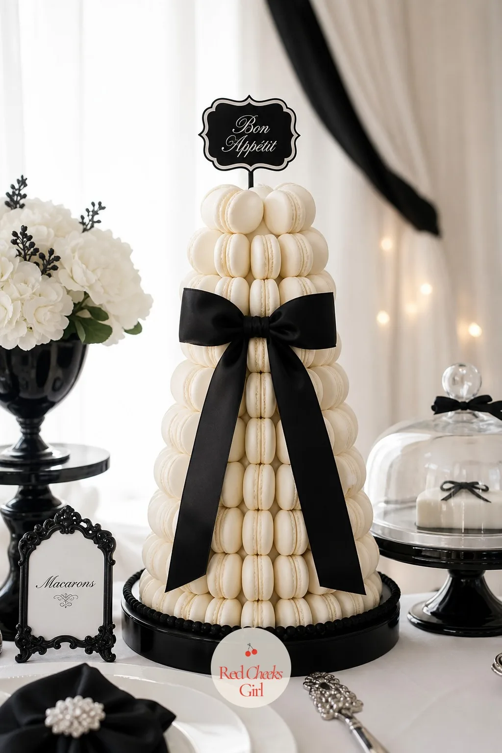 White Macaron Tower with Black Ribbon Trim — A tray of loose macarons scatters the moment guests start helping themselves. Black and white wedding decor