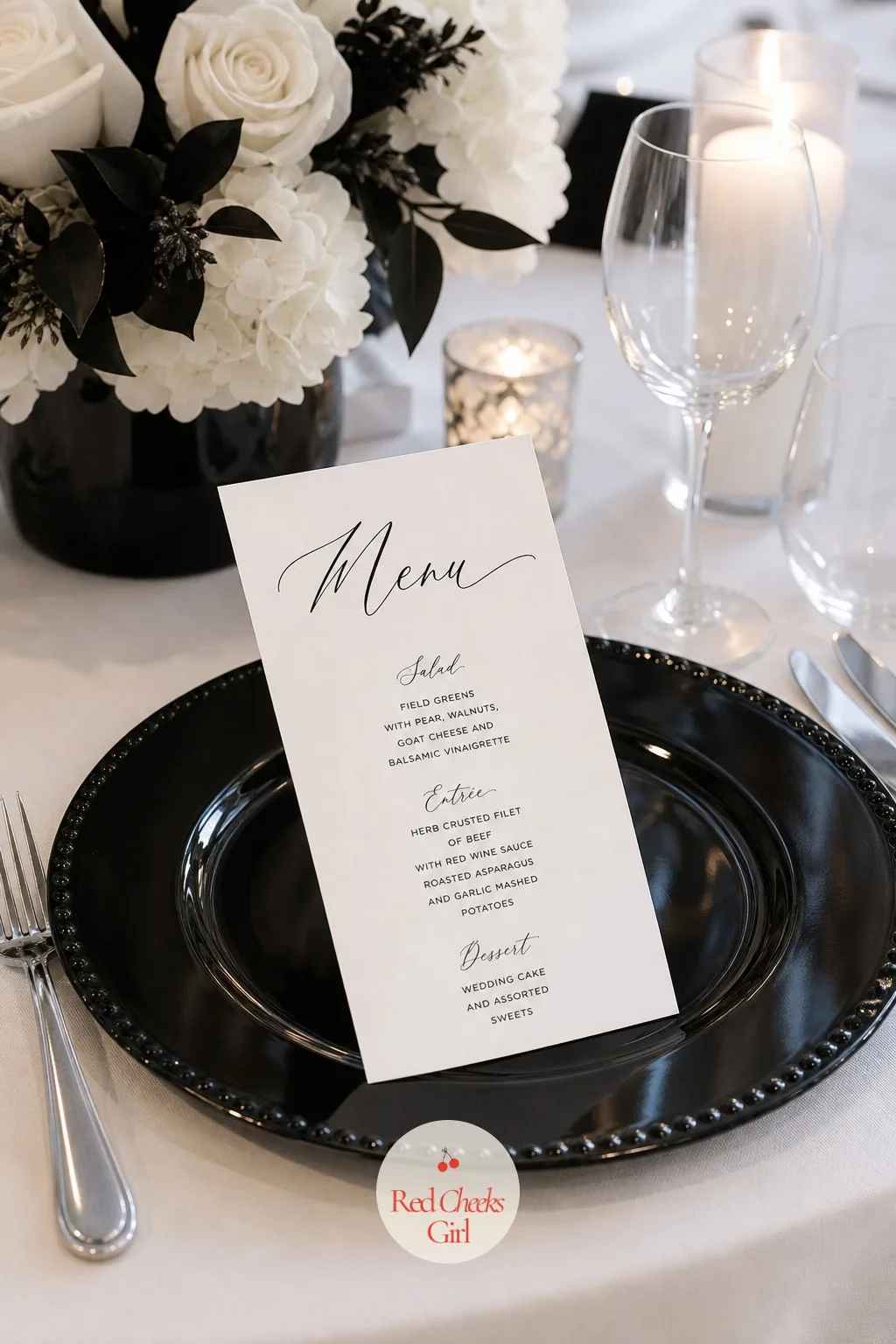 White Menu Cards with Black Calligraphy — A printed menu in a generic font does its job but says nothing about the day. Black and white wedding decor