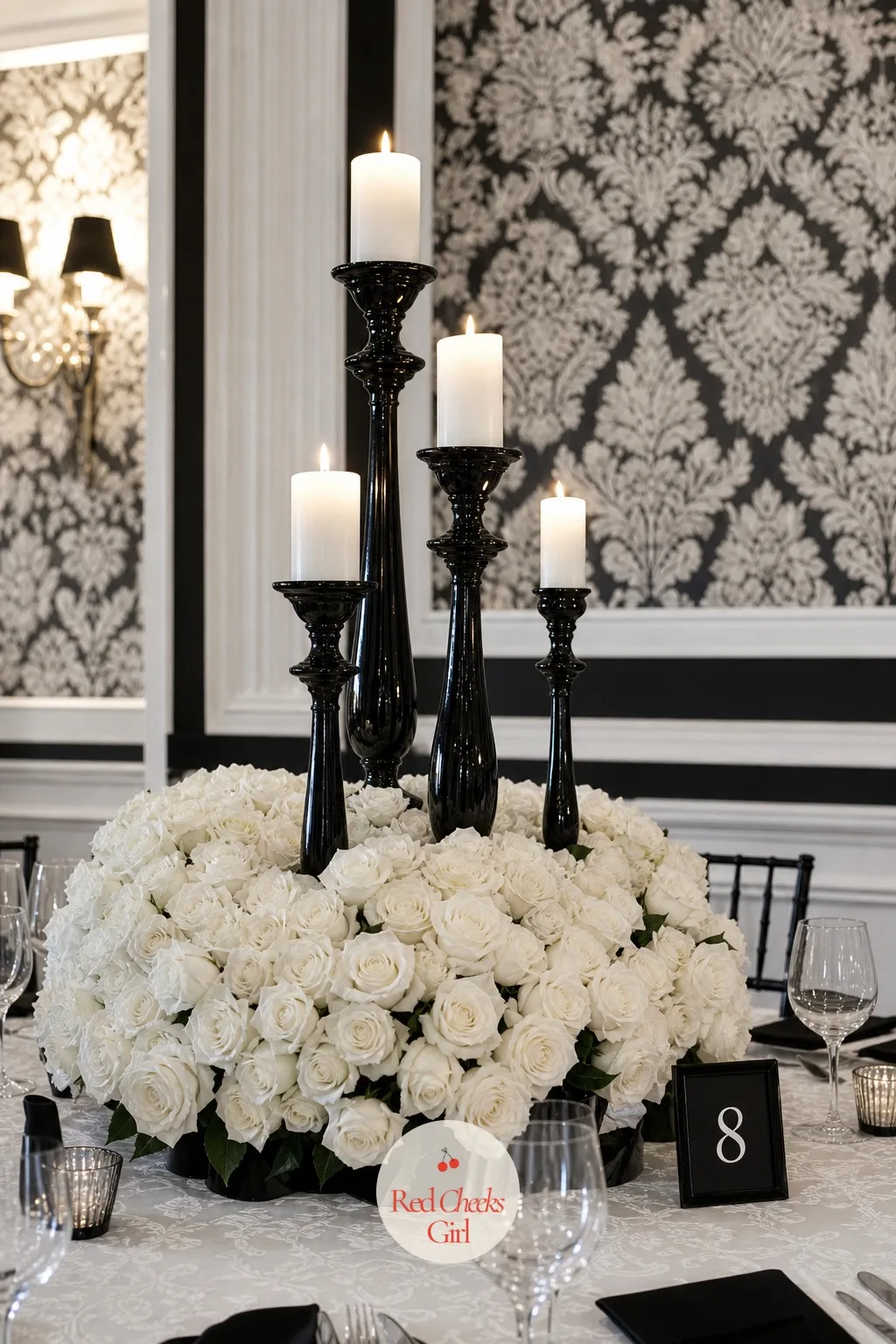 White Roses With Black Candlesticks — A single low centrepiece looks fine from a seated guest's angle but disappears in photographs taken from across the room.