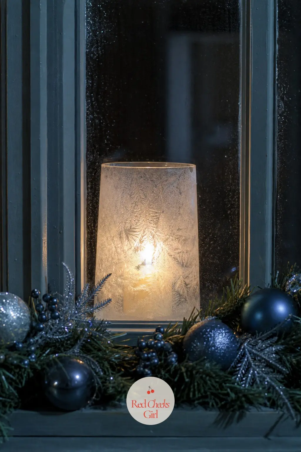 The Candle in the Window, Flickering Behind Frosted Glass — A single flameless candle sits behind a small frosted glass hurricane in the smallest window of the