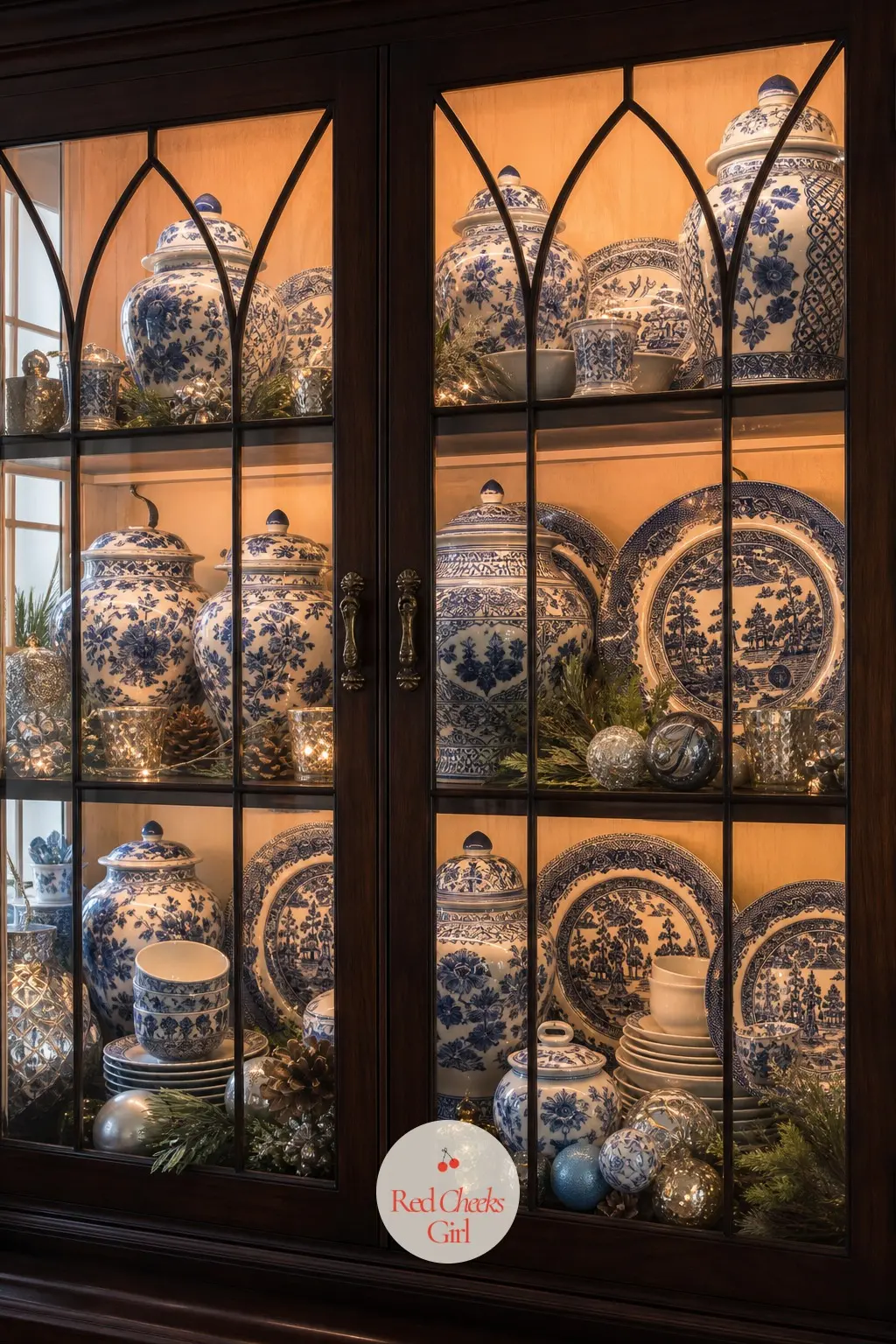 The China Cabinet, Filled With Blue-and-White Porcelain — A glass-front cabinet lit from within holds ginger jars and willow-pattern plates stacked in neat