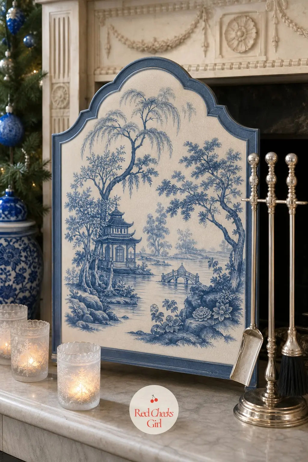 The Fire Screen, Painted With a Chinoiserie Scene — A folding screen stands before the hearth painted with a willow-pattern scene in blue and white, finished