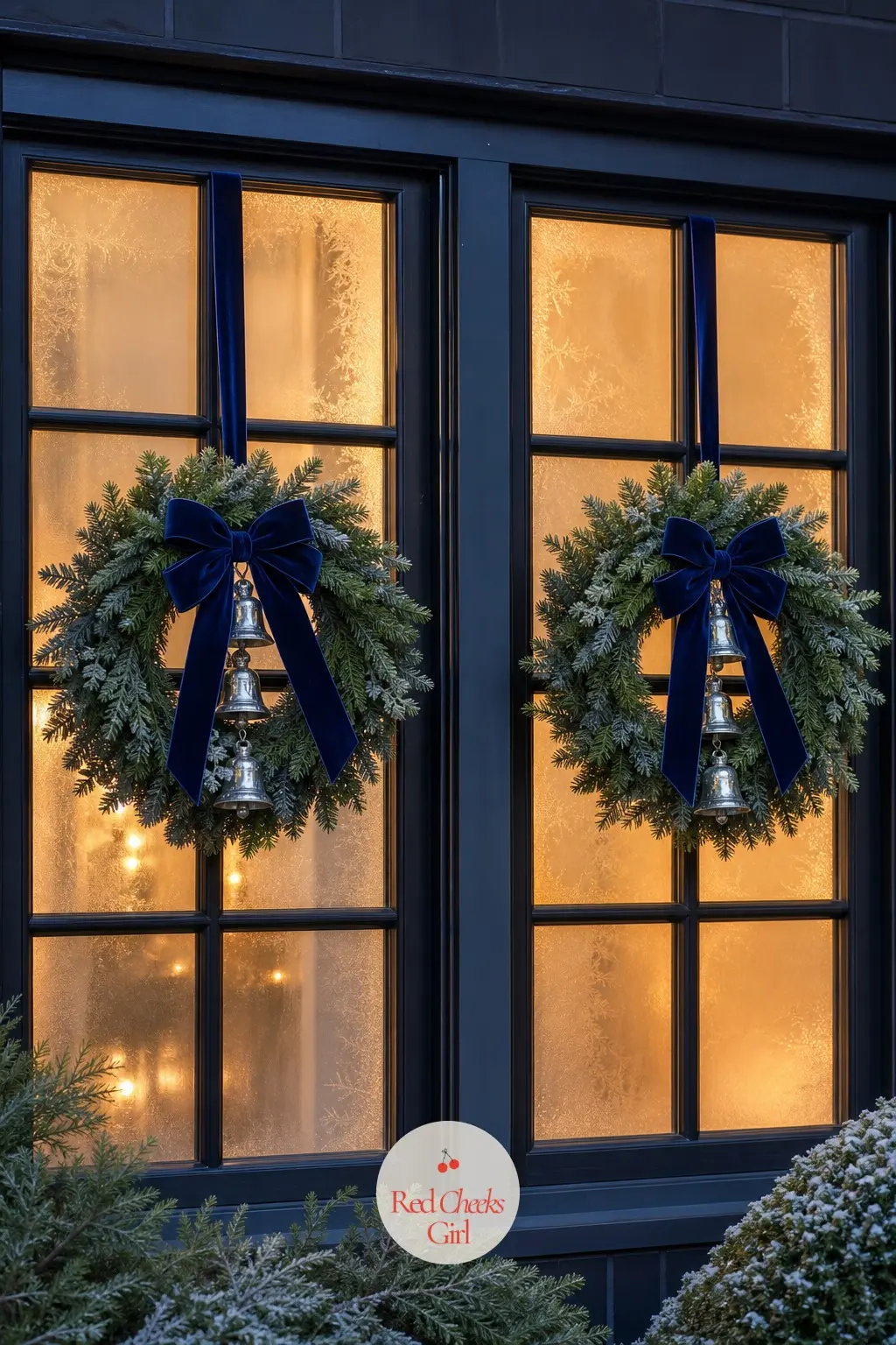 The Front Windows, Each Topped With a Blue-and-White Wreath — A fresh green wreath hangs at every front-facing window, each one finished in a navy velvet bow