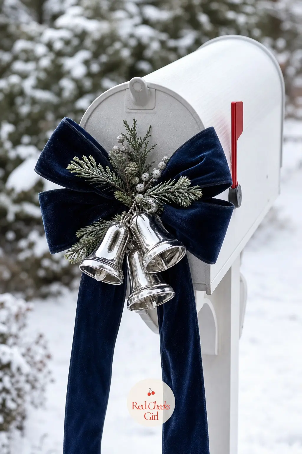 The Mailbox, Wrapped in Blue Ribbon and Silver Bells — The post gets a wide navy velvet ribbon wound once around and finished in a small cluster of polished