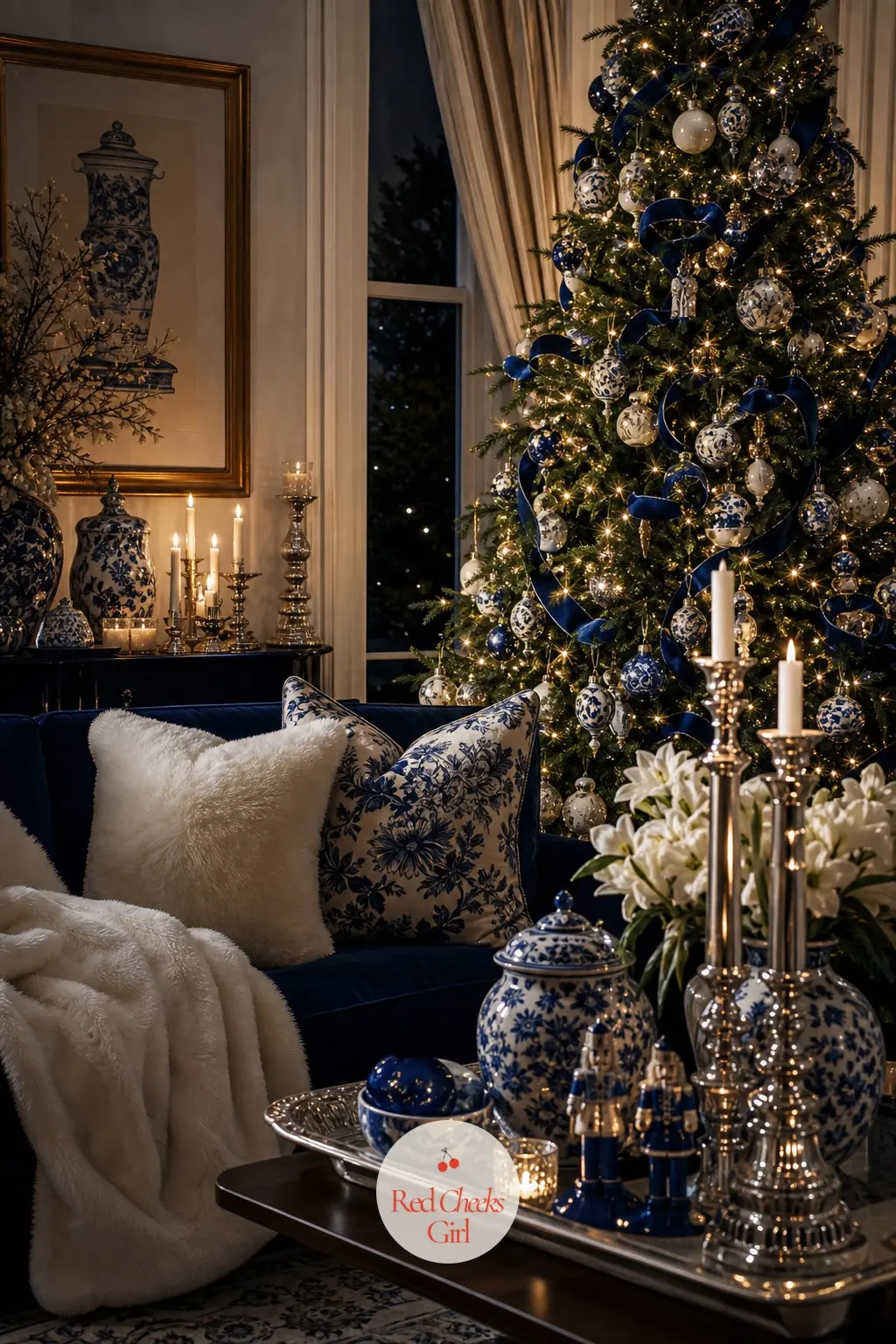 The Parlour, Lit for a Crisp Winter Night — The tree stands in the corner dressed in blue-and-white chinoiserie ornaments and velvet ribbon, with the sofa