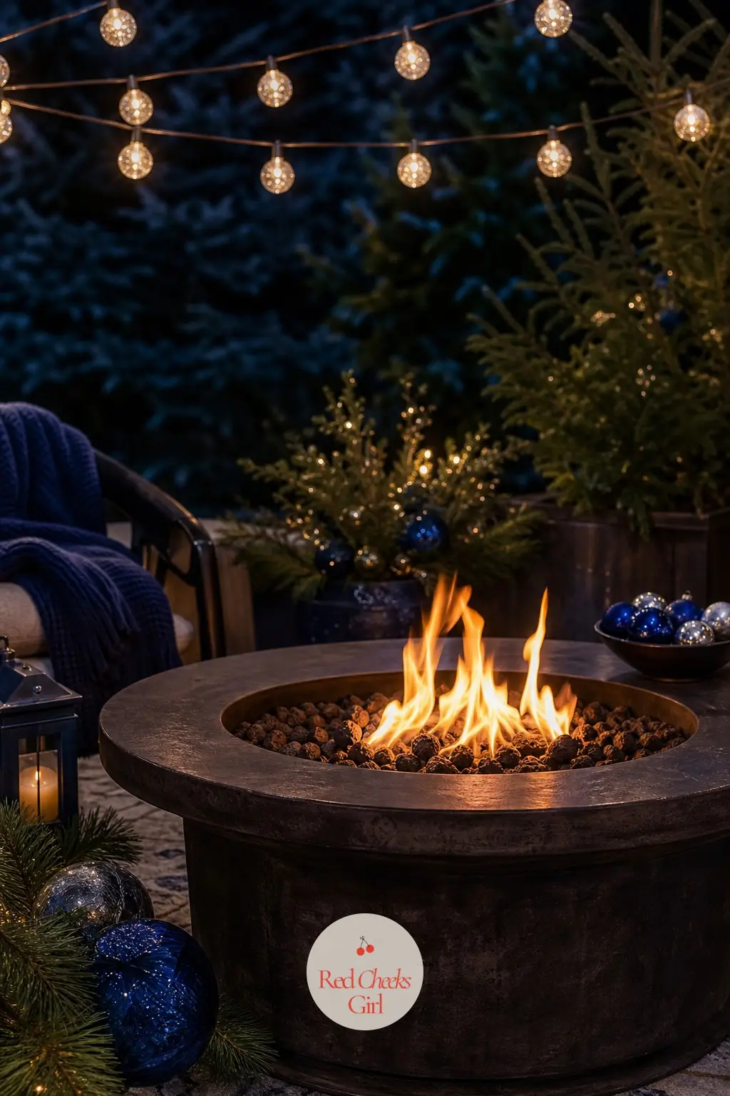 The Patio Fire Pit, Glowing Beneath a String of Frosted Lights — A fire pit corner on the patio sits strung overhead with cool white frosted-glass bulb lights