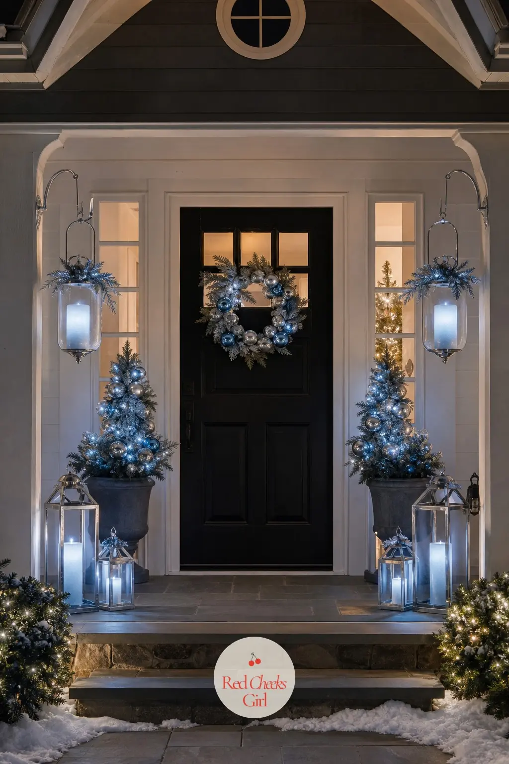 The Porch Lanterns, Lit in Ice-Blue Candlelight — A pair of glass hurricane lanterns flanks the front door, each holding a flameless pillar candle with a cool