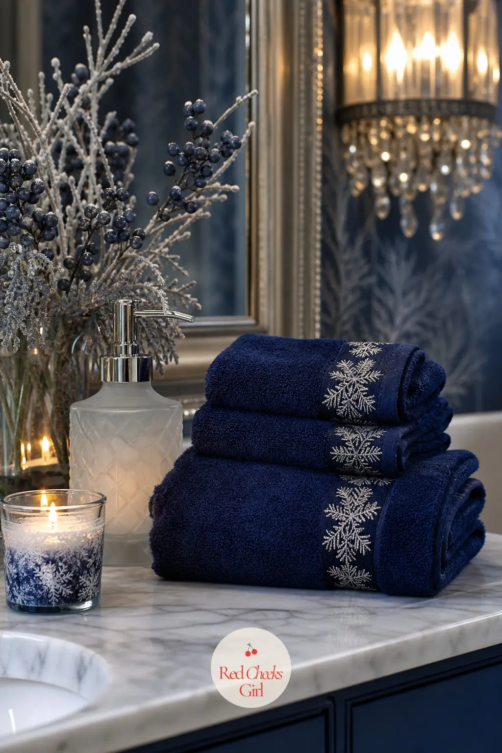The Powder Room, Styled in Blue Velvet and Frosted Glass — The guest bathroom gets a stack of navy velvet hand towels, a frosted glass soap dispenser, and a