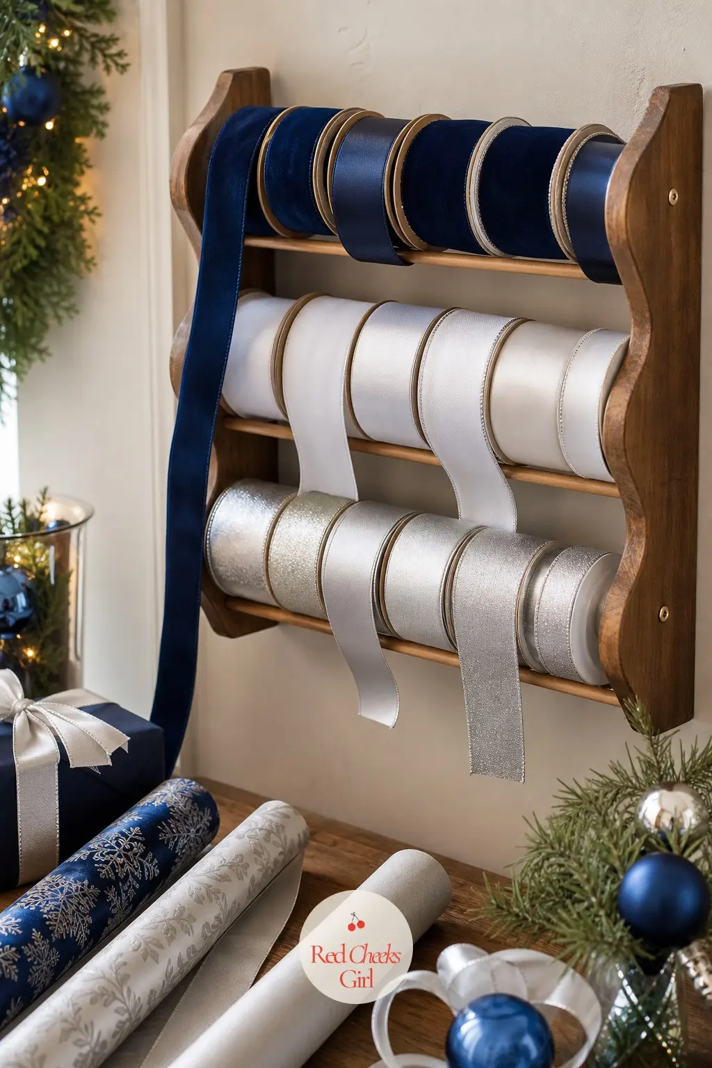 The Ribbon Spool Rack, Lined in Velvet and Satin — A small wall rack holds ribbon spools in navy velvet, ice-white satin and metallic silver, lined up ready