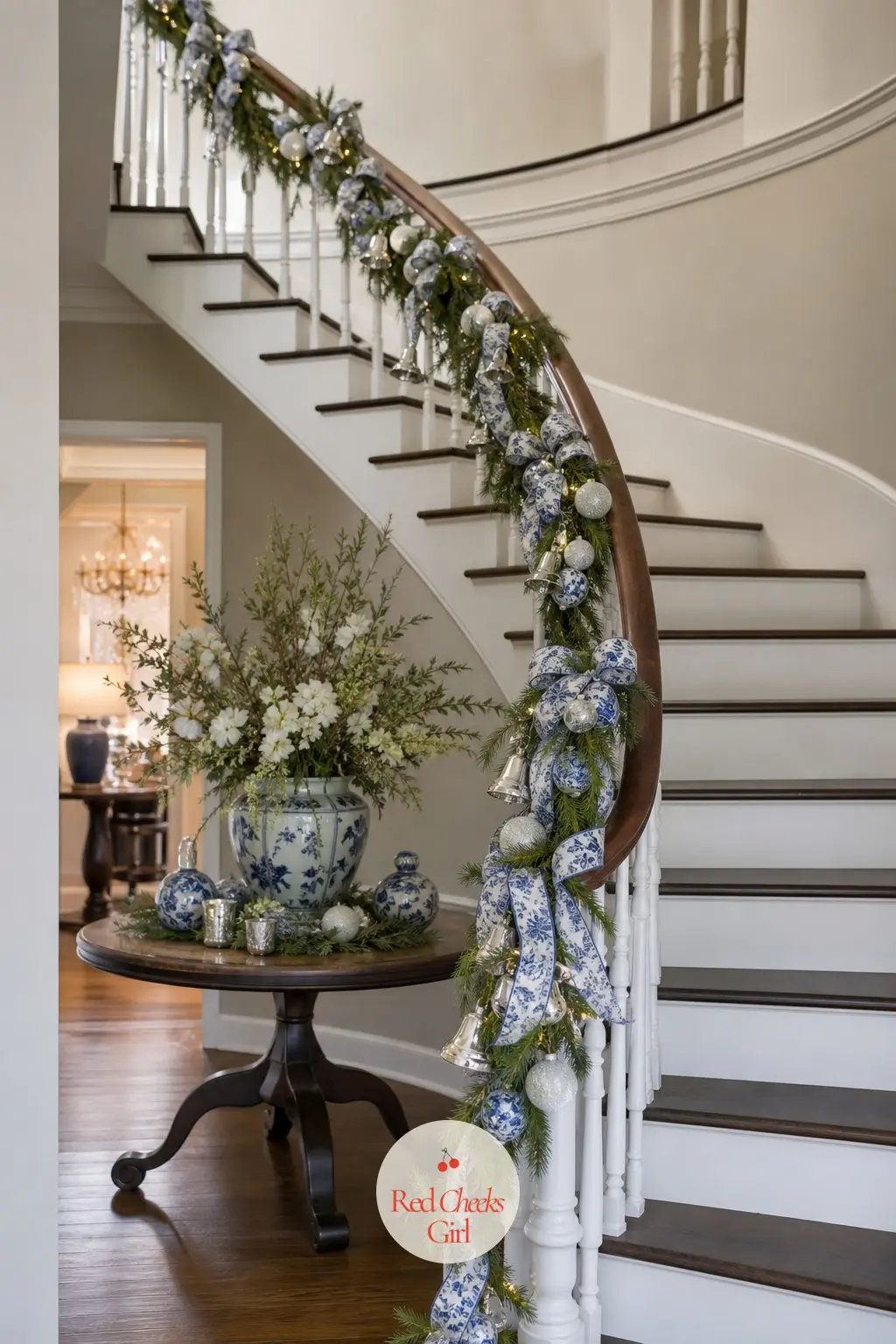 The Staircase Banister, Wound in Blue-and-White Garland — Faux pine winds up the banister wrapped in ribbon printed with a small chinoiserie willow pattern