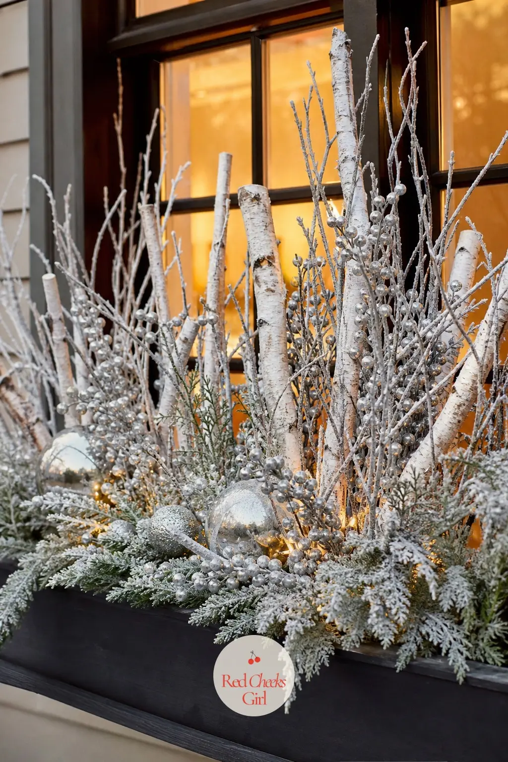The Window Boxes, Planted With Frosted Branches and Silver Picks — Boxes beneath the ground-floor windows hold frosted birch stems and silver berry picks