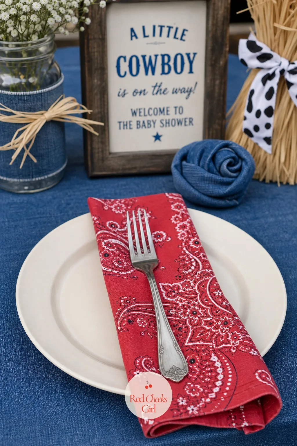 Bandana Napkins — Paper napkins do the job but they vanish into every other party's photos. Blue jean baby shower theme