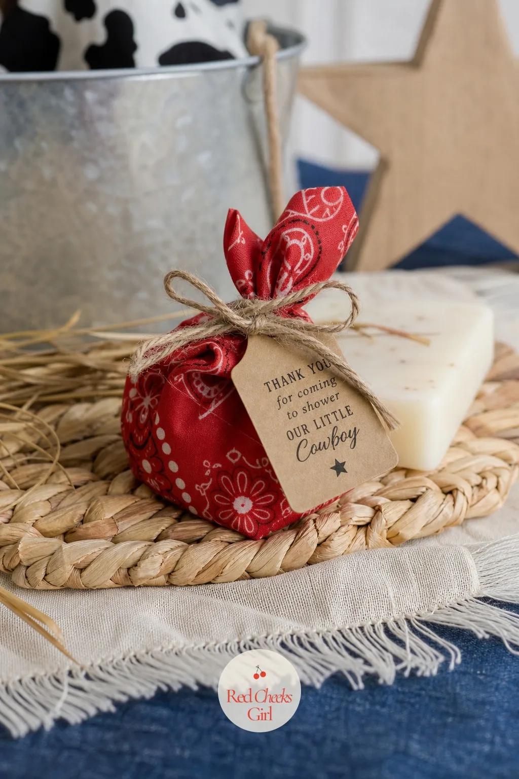 Bandana Wrapped Soap Favors — A plain bar of soap in cellophane looks like it came from a drugstore rack. Blue jean baby shower theme