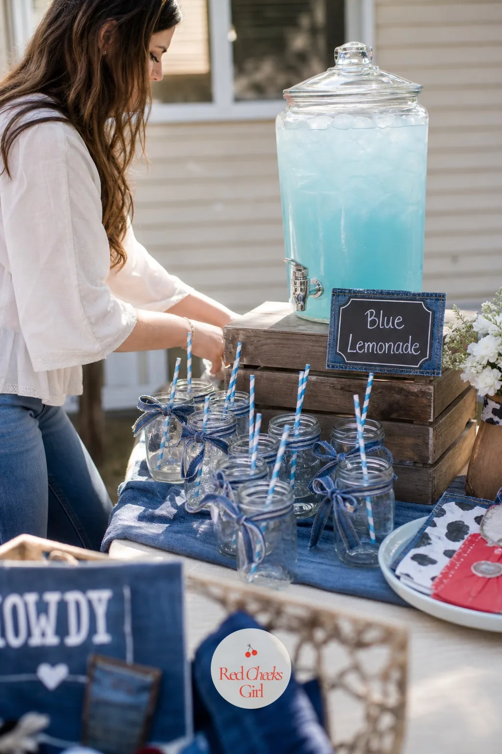 Blue Lemonade Drink Station — A single pitcher of water on a hot afternoon doesn't feel like a party. Blue jean baby shower theme