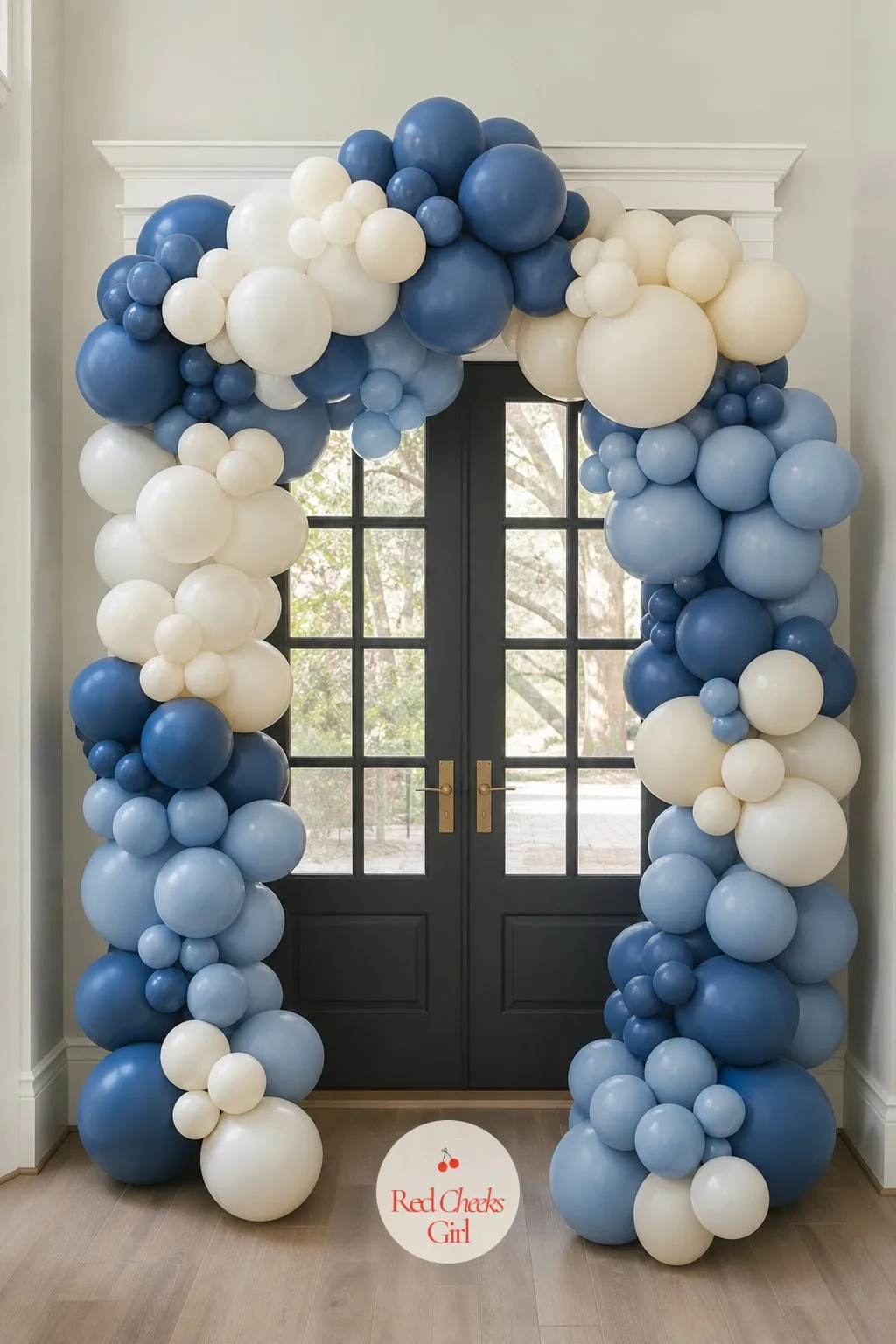 Blue And White Balloon Arch — Balloons alone can tip a room into a children's party fast. Blue jean baby shower theme