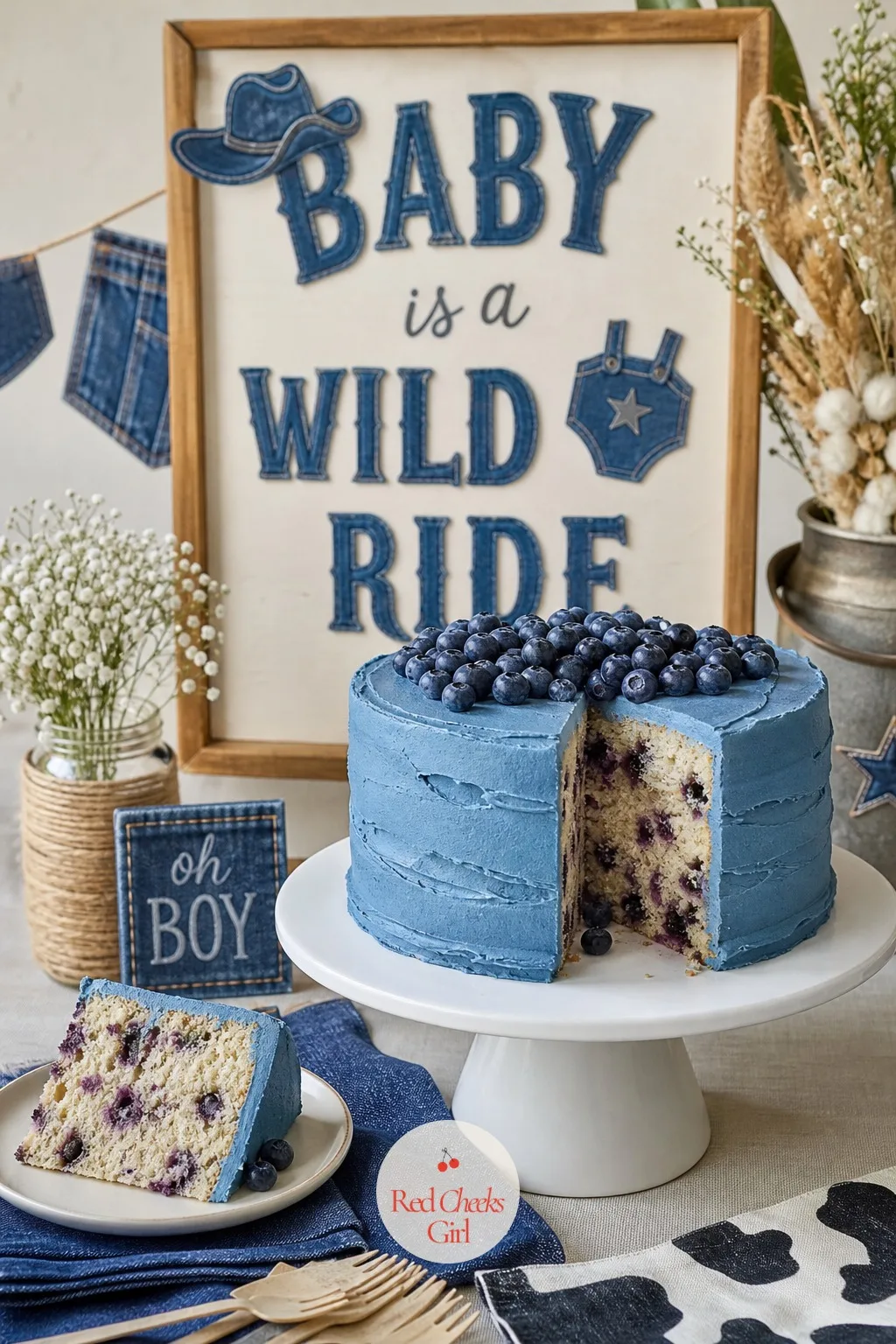 Blueberry Cake With Blue Icing — A plain vanilla sheet cake does nothing for the theme, however good it tastes. Blue jean baby shower theme