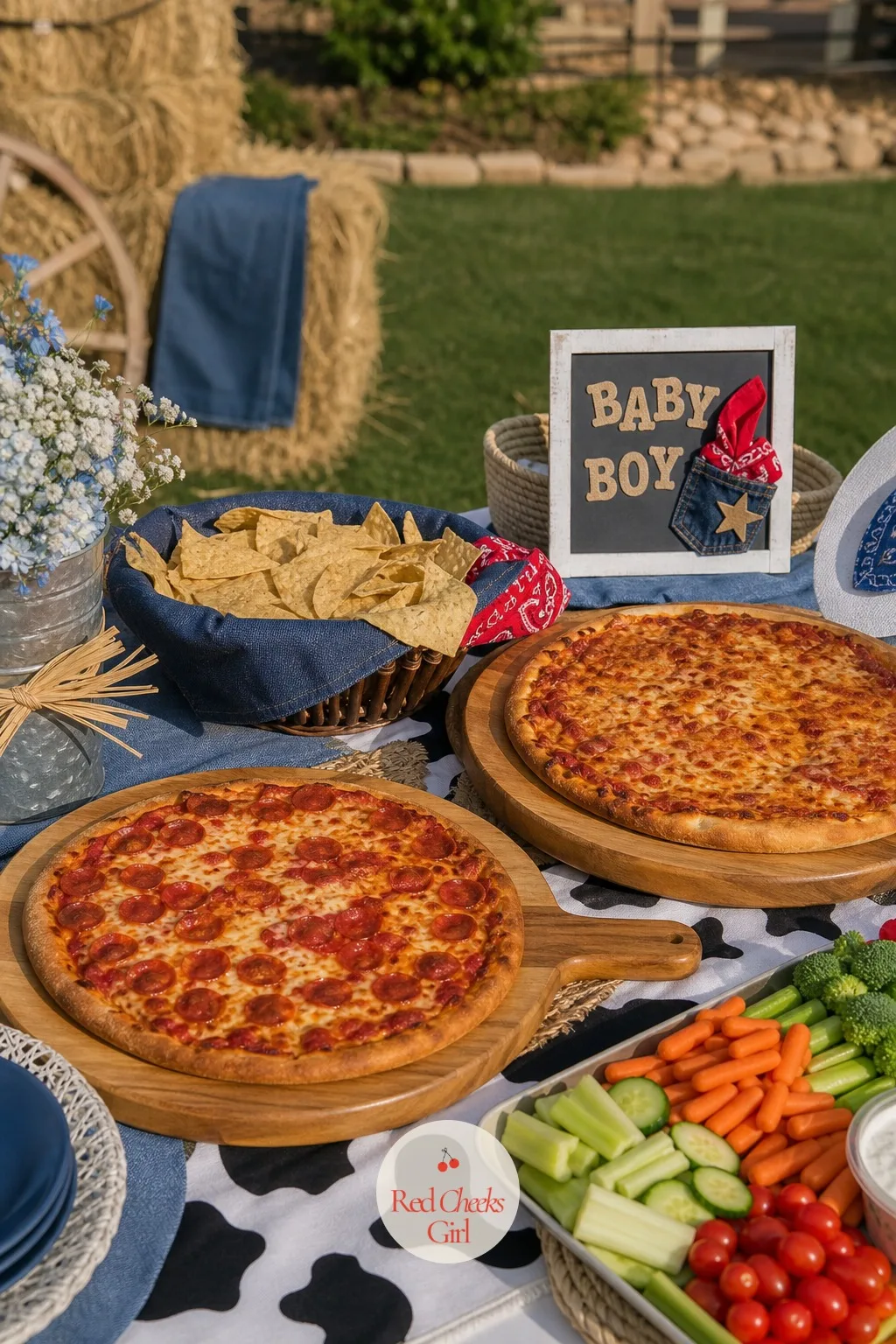 Casual Pizza And Easy Eats Spread — A sit down meal for a crowd means seating charts, timing and dishes to wash afterward. Blue jean baby shower theme