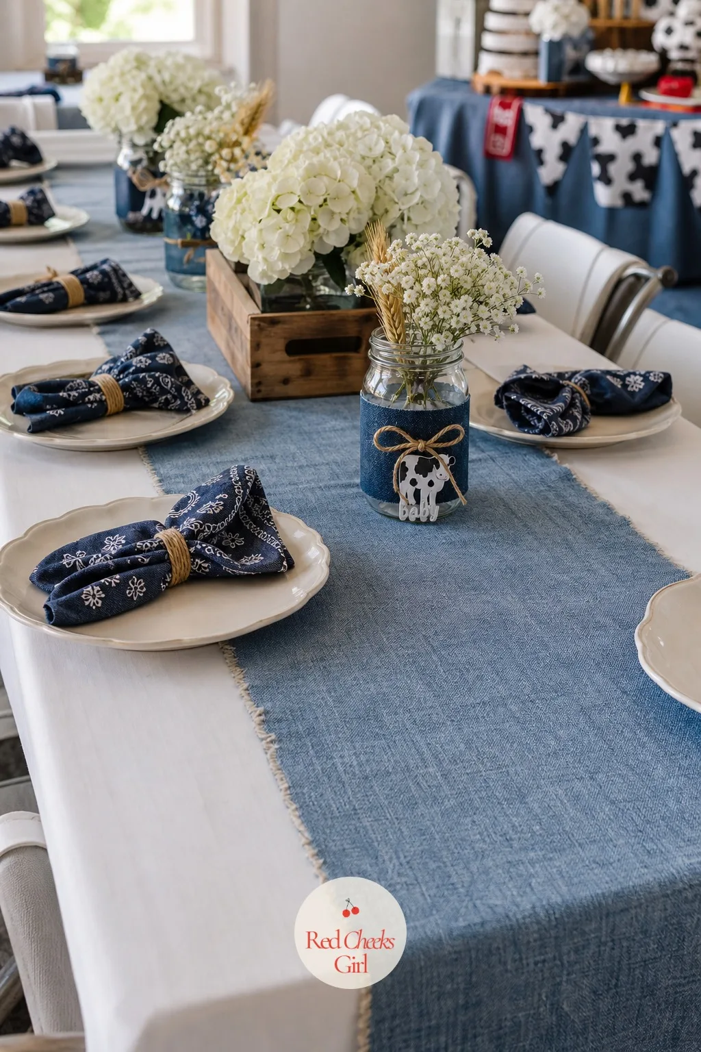 Chambray Table Runner — A table set entirely in plain white plates can read a little cold under party lighting. Blue jean baby shower theme