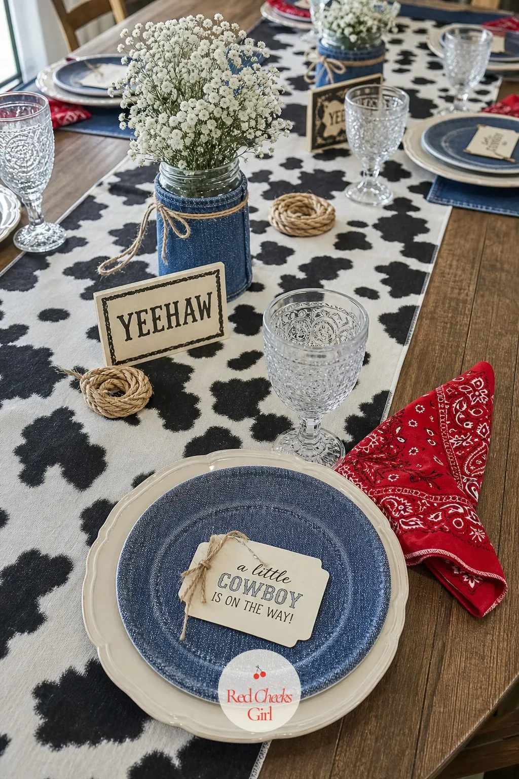 Cow Print Table Runner — This is the entry for the mama to be who wants a little more swagger than plain denim gives her. Blue jean baby shower theme