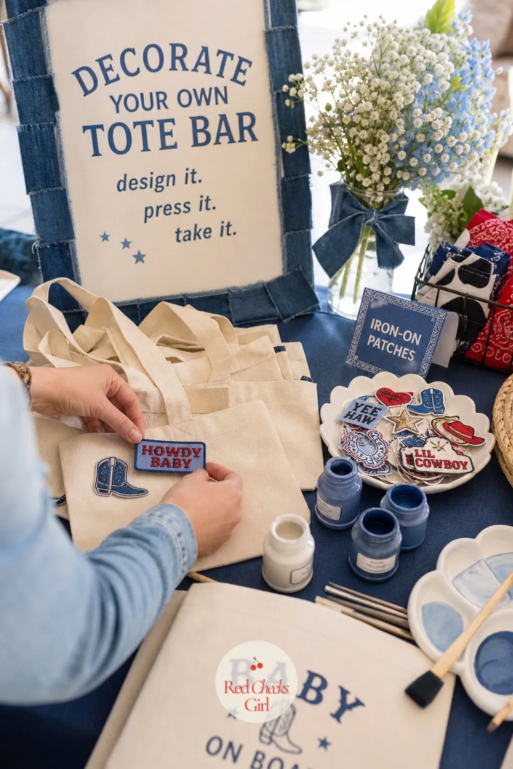 Decorate Your Own Favor Tote Bar — A favor table where guests just grab a bag on the way out skips the one activity that actually gets people talking. Blue