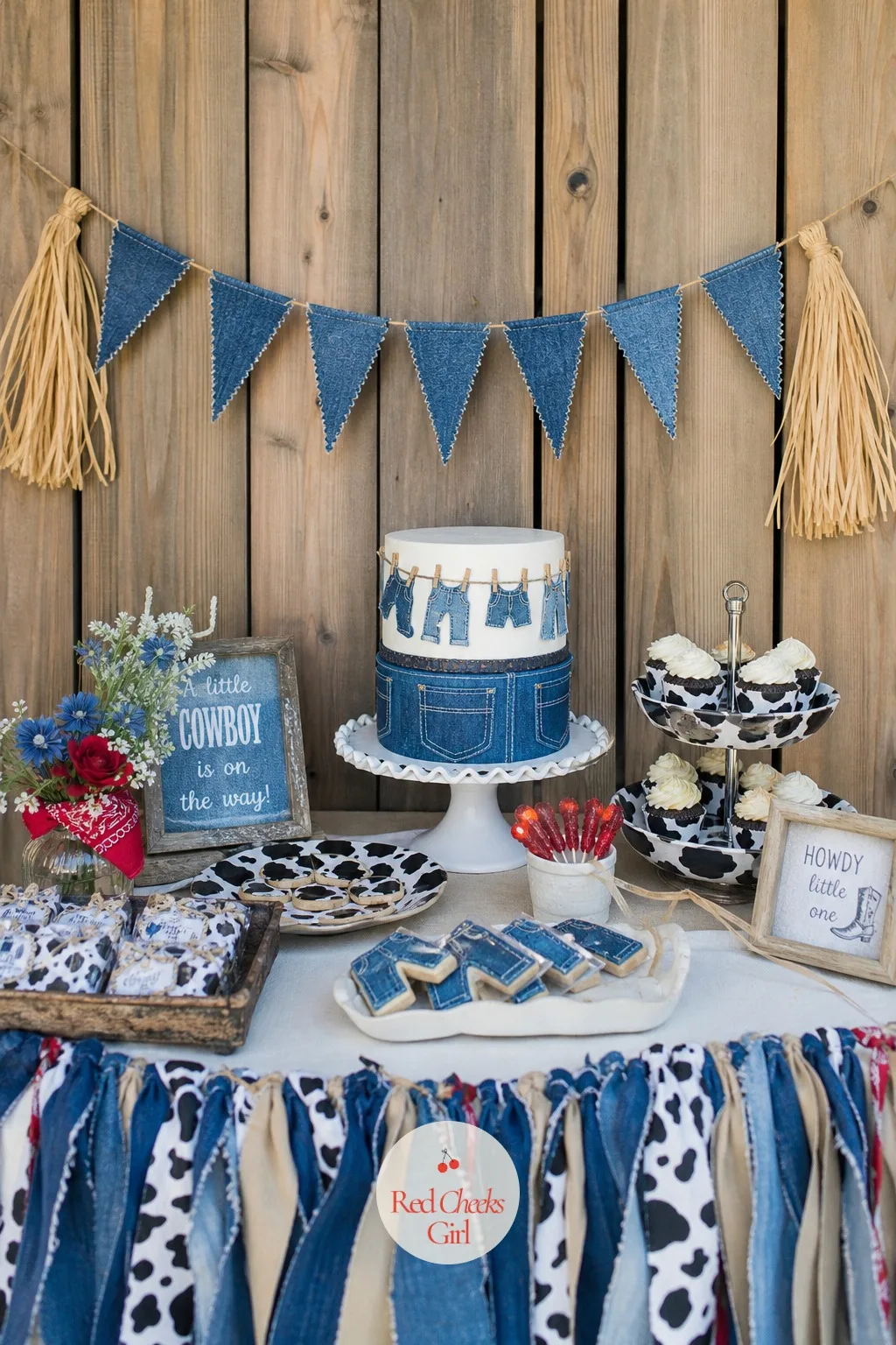 Denim Garland Over The Dessert Table — A dessert table under a bare ceiling looks unfinished no matter how good the cake is. Blue jean baby shower theme