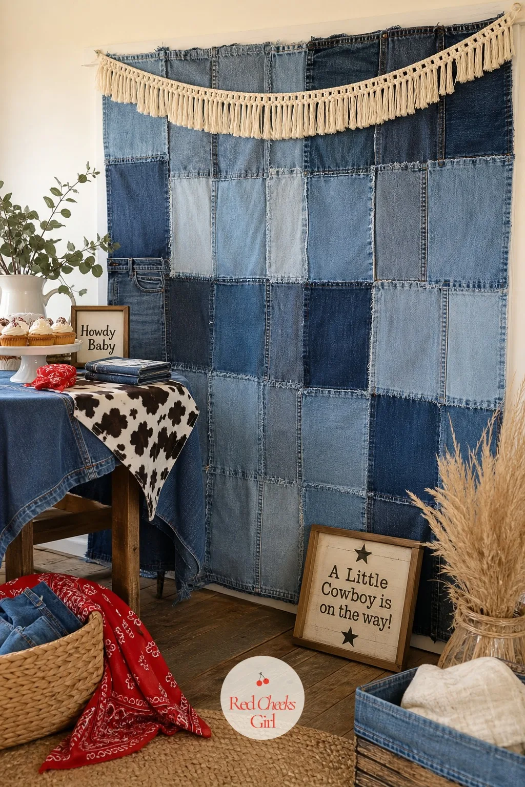 Denim Patchwork Photo Backdrop — A bare wall at the gift table says nobody planned this. Blue jean baby shower theme