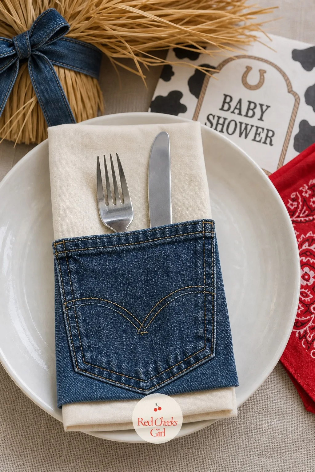 Denim Pocket Silverware Holders — Rolled cutlery in a plain napkin looks fine, but it doesn't say anything about the party it's sitting at. Blue jean baby