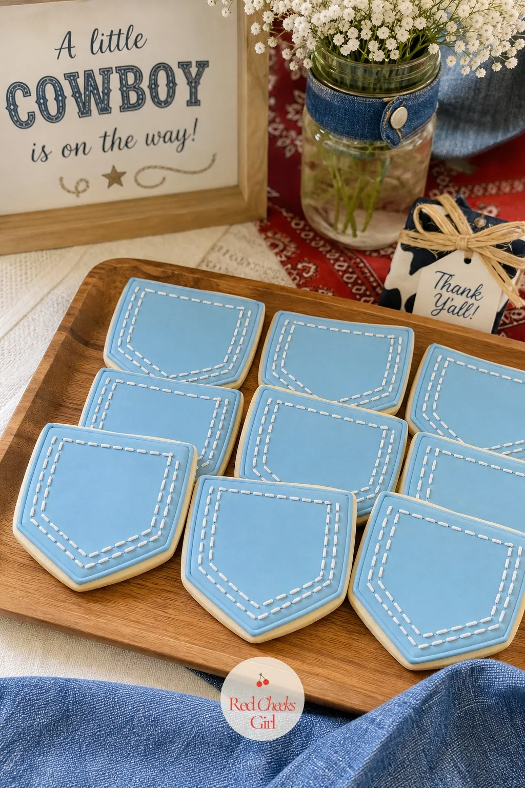Denim Pocket Sugar Cookies — A tray of plain round cookies doesn't tell anyone what party they're at. Blue jean baby shower theme