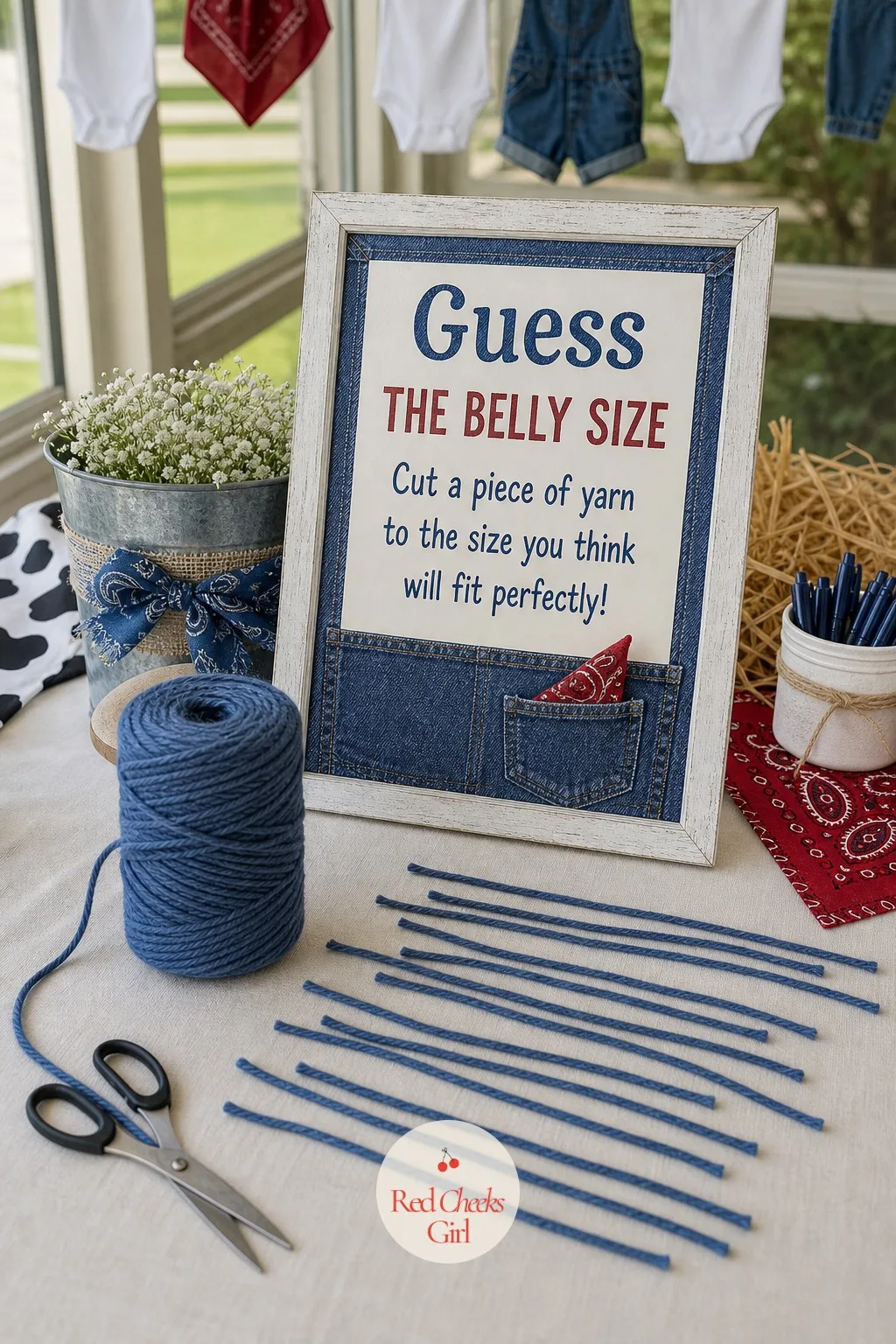 Guess The Belly Size With Blue Yarn — The classic belly measuring game usually hands guests plain string, which doesn't look like much sitting on a table. Blue