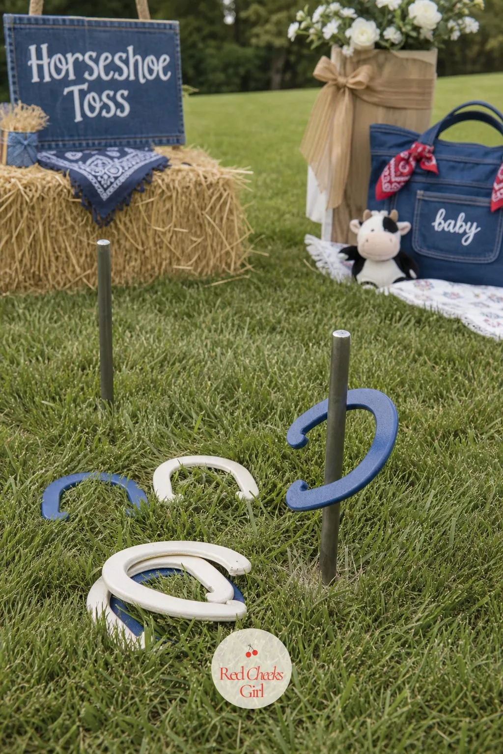 Horseshoe Toss Lawn Game — A backyard shower with nothing but lawn chairs gets quiet fast once the food is gone. Blue jean baby shower theme