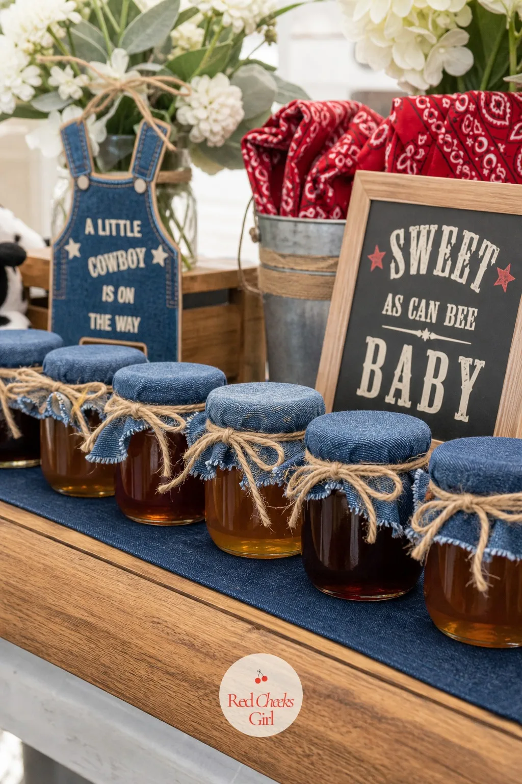 Jam Or Honey Jars With Denim Scrap Lids — A food table with nothing to take home feels like it ends the moment the party does. Blue jean baby shower theme