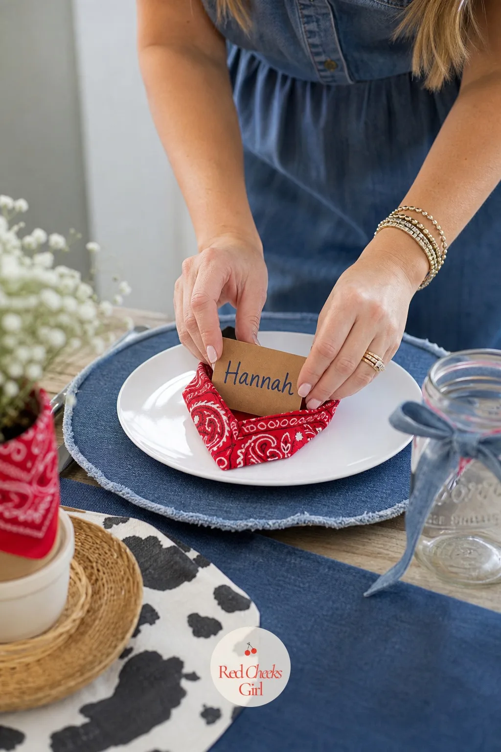 Kraft Place Cards With A Mini Bandana — Guests shuffling to find a seat slows a room down right at the start. Blue jean baby shower theme