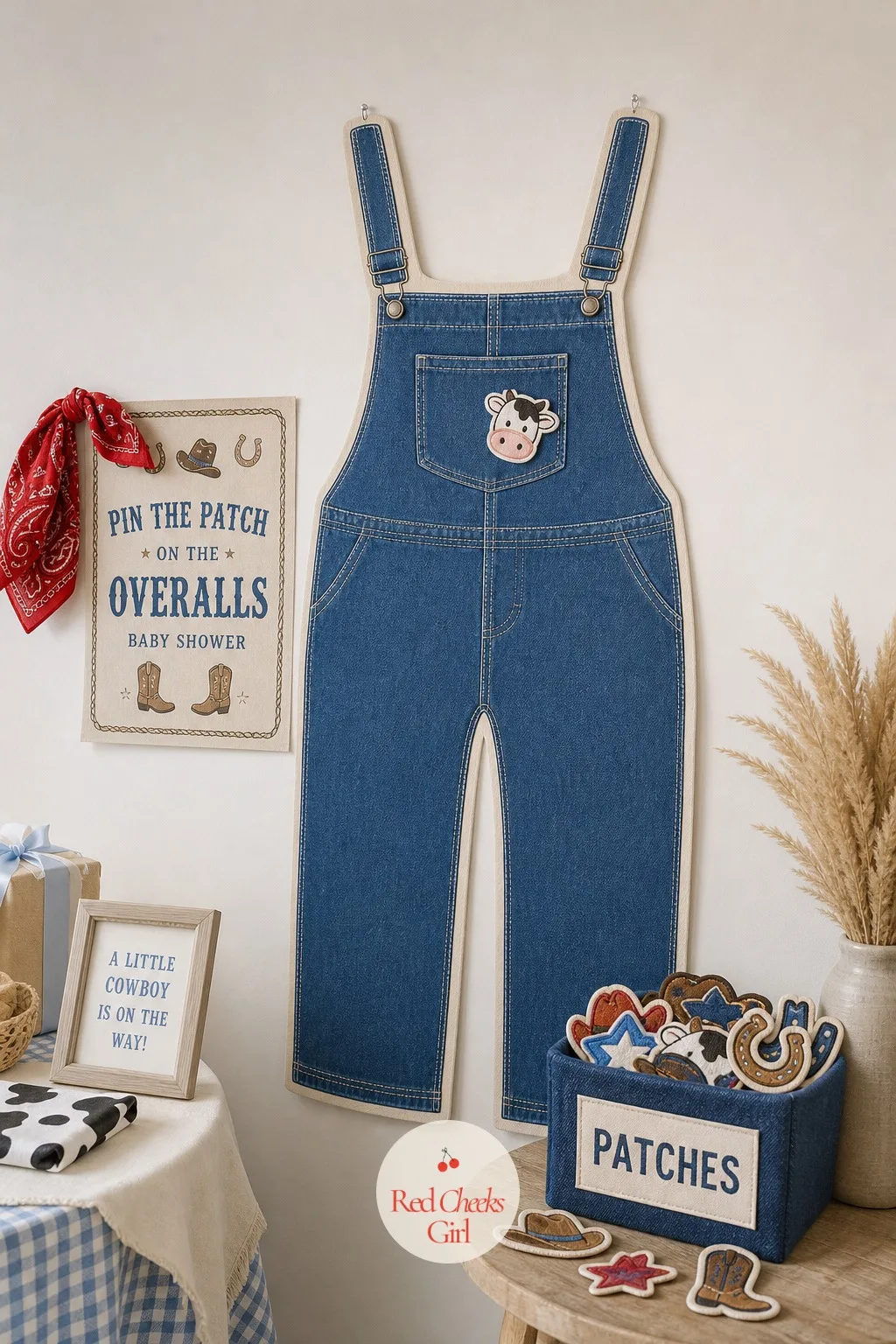 Pin The Patch On The Overalls — Classic pin the tail games feel a little tired by now. Blue jean baby shower theme