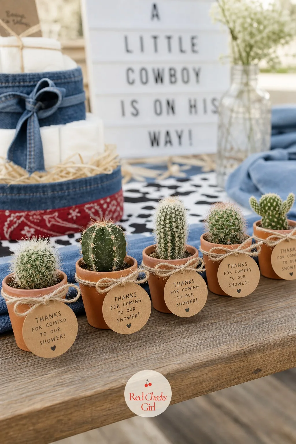 Tiny Potted Cactus Favors — A favor bag of candy gets eaten in the car and forgotten by the next day. Blue jean baby shower theme