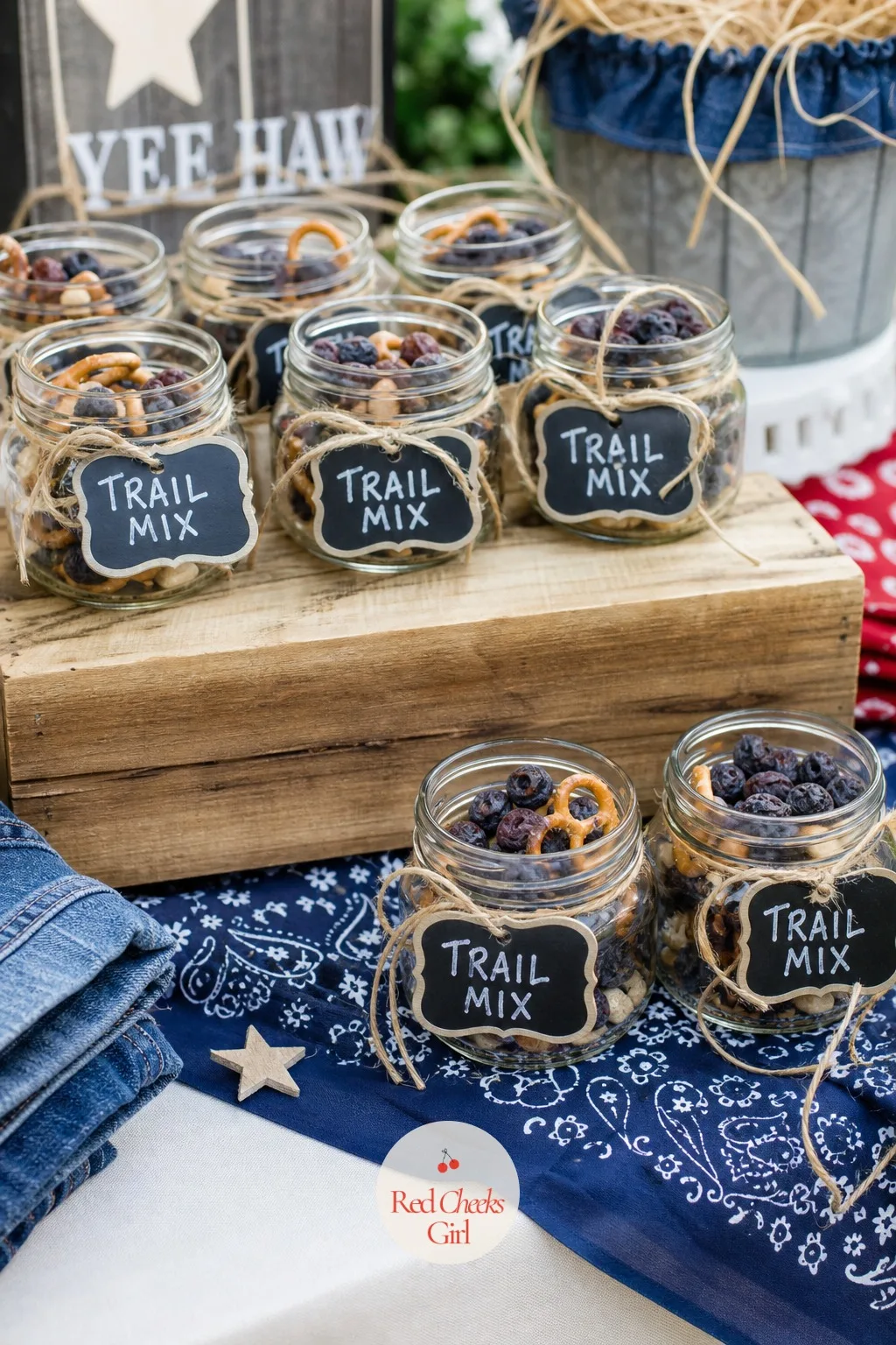 Trail Mix Snack Bar In Mini Jars — A single shared snack bowl gets picked over fast and looks messy within the hour. Blue jean baby shower theme