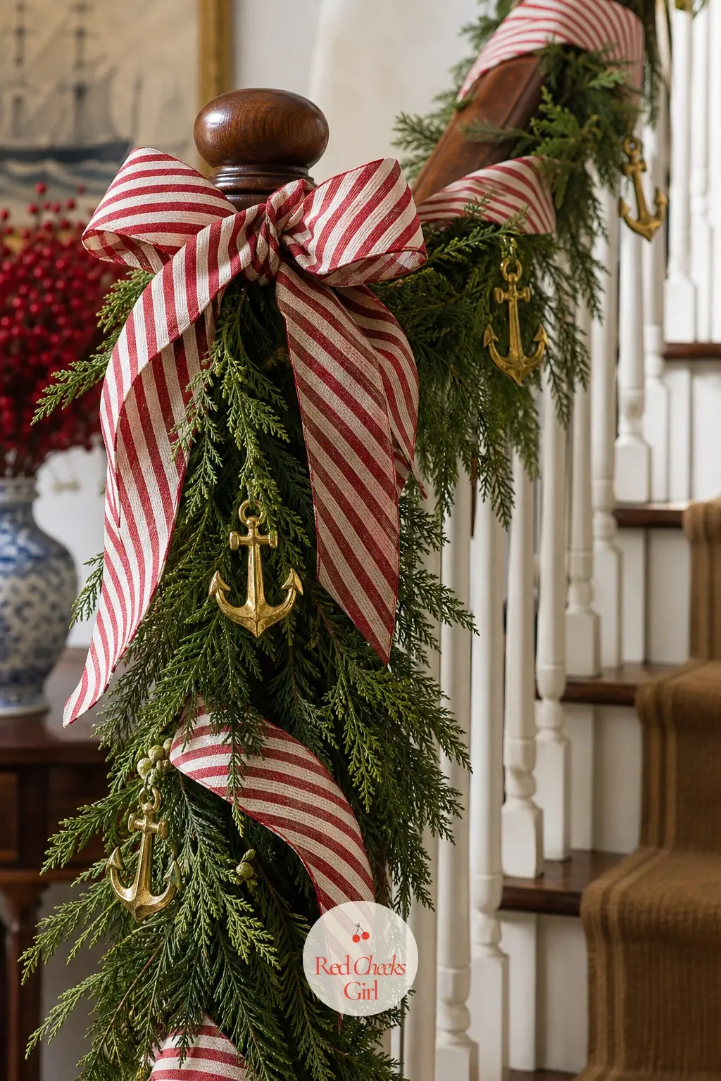 The Banister, Wrapped in 9 Feet of Candy-Striped Garland — Nine feet of evergreen garland runs the length of the banister, wrapped through with wide